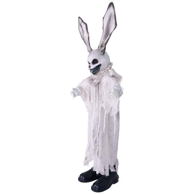 Horrorkonijn decoratiepop van 110 cm van de zijkant, met geplooide kraag en zwarte laarzen
