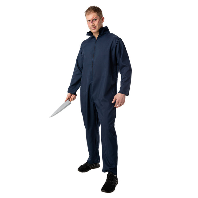 Horroroutfit met nep mes 45cm, blauwe overall en schmink voor een griezelfeest