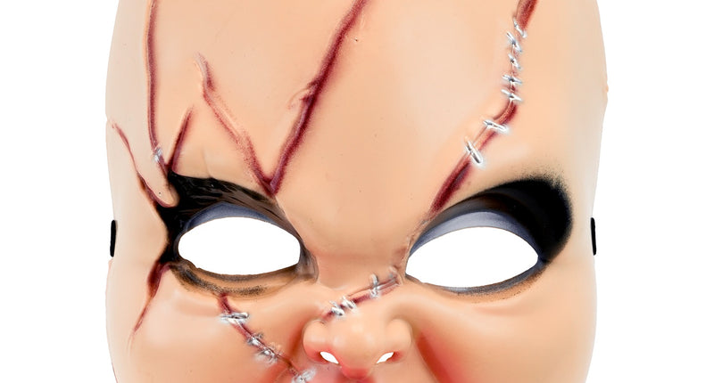 Horrorpop masker hard kunststof in huidtint met rode littekens en zilveren hechtingen
