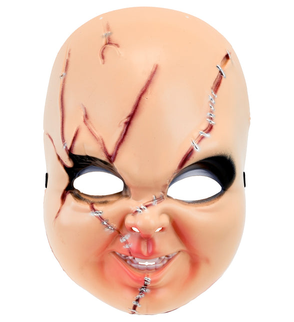 Horrorpop masker hard kunststof in huidtint met rode littekens en zilveren hechtingen