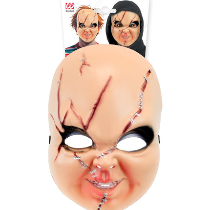 Horrorpop masker in verpakking, gezichtsmasker met snijwonden en grijnzende poppenmond