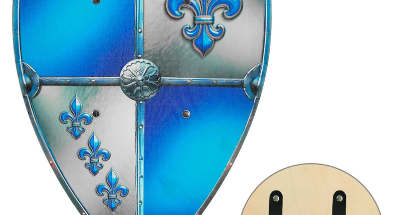 Houten ridderschild fleur-de-lis blauw met zilver, met inzet van de achterkant met twee zwarte draagbanden