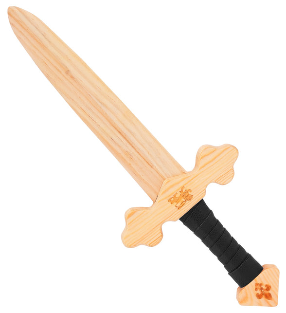 Houten ridderzwaard van 41 cm met blanke kling, zwart omwikkelde greep en gouden leeuw op de pareerstang