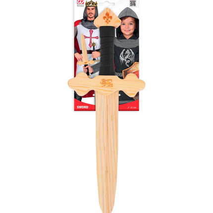 Houten ridderzwaard voor jongens in verpakking, kruisgevest met lelie op de knop
