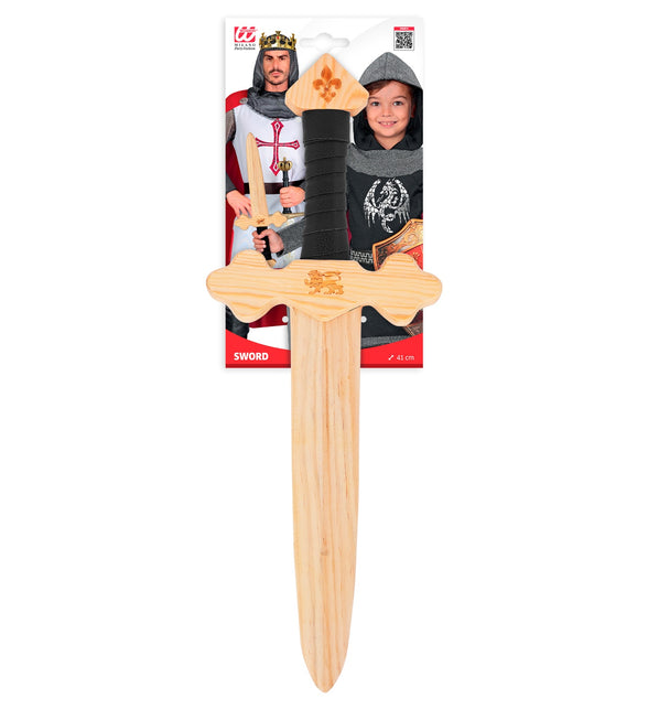 Houten ridderzwaard voor jongens in verpakking, kruisgevest met lelie op de knop