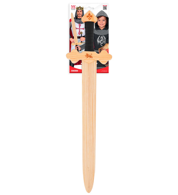 Houten ridderzwaard op verkoopkaart met fleur-de-lis op de pommel