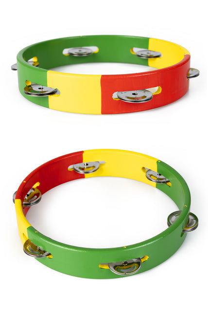 Houten tamboerijn rood geel groen van boven, open ring met paren rinkelplaatjes rondom