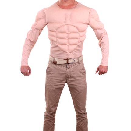 Huidskleurig spierenshirt heren met opgevulde borst, buik en bicepsen en lange mouwen