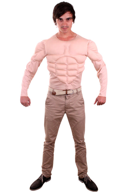 Huidskleurig spierenshirt heren met opgevulde borst, buik en bicepsen en lange mouwen