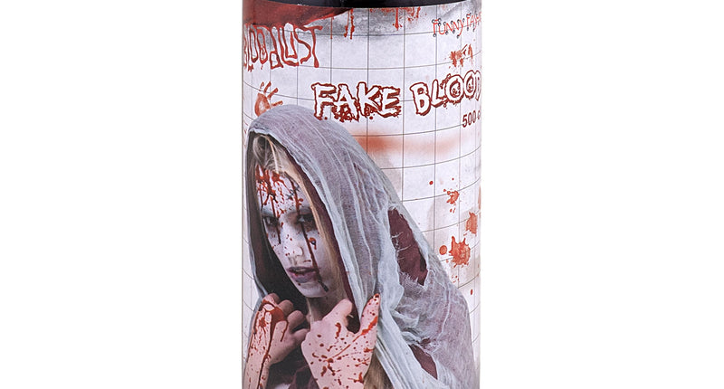 Imitatiebloed 500 ml in doorzichtige fles met zwarte schroefdop en Fake Blood-etiket voor Halloween
