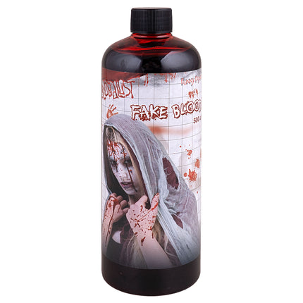 Imitatiebloed 500 ml in doorzichtige fles met zwarte schroefdop en Fake Blood-etiket voor Halloween