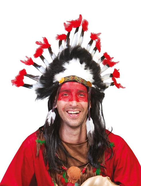 Indianentooi veren budget op het hoofd gedragen, witte veertjes aan de linten langs het gezicht, voor carnaval