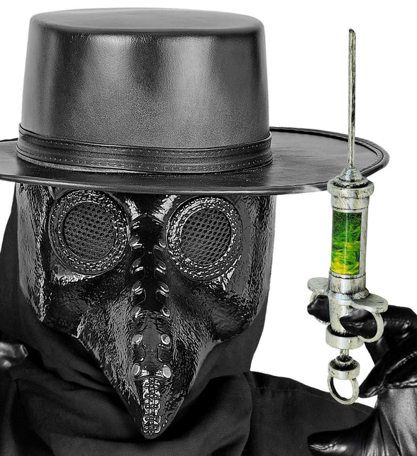 Injectiespuit bij pestdoktermasker met hoge hoed, zilveren spuit met groen serum