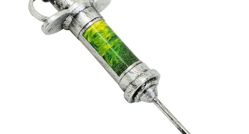 Injectiespuit zilver met groengele vulling en lange naald, 30 cm nepspuit voor Halloween