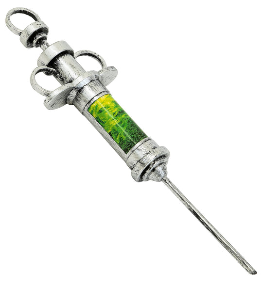 Injectiespuit zilver met groengele vulling en lange naald, 30 cm nepspuit voor Halloween
