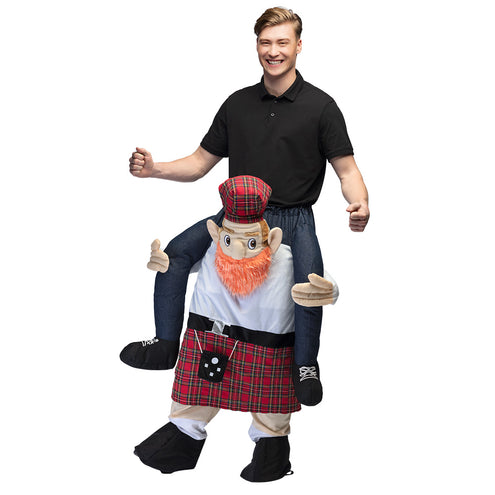 Instapkostuum Schot heren met pluche pop, rode ruitkilt en oranje baard voor een themafeest