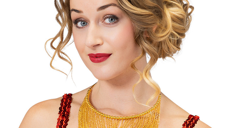 Jaren 20 ketting goud met kettingfranje hoog om de hals gedragen door een dame, voor een jaren 20-feest