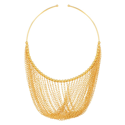 Jaren 20 ketting goud met open halsband, een rij gouden kraaltjes en lussen van fijne kettinkjes