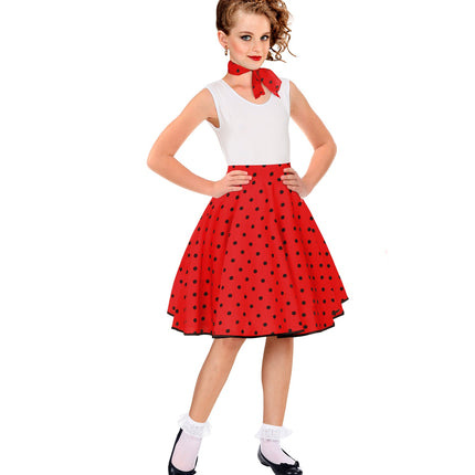 Jaren 50 rok Holly op lichaamslengte 158 cm, wijde cirkelrok met brede tailleband en witte top