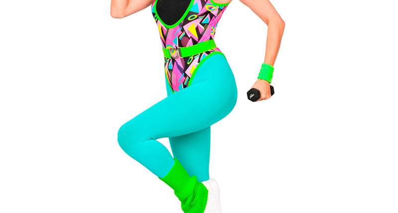 Jaren 80 aerobic kostuum dames met neon geometrische bodysuit, turquoise panty en groene beenwarmers