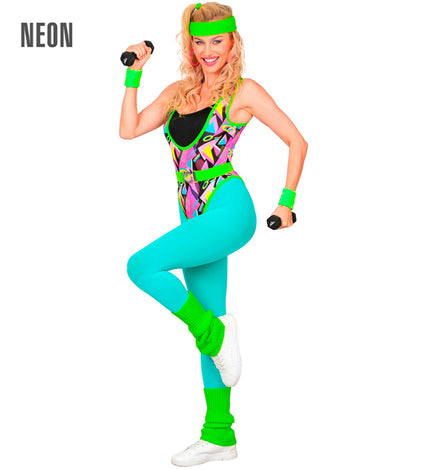 Jaren 80 aerobic kostuum dames met neon geometrische bodysuit, turquoise panty en groene beenwarmers