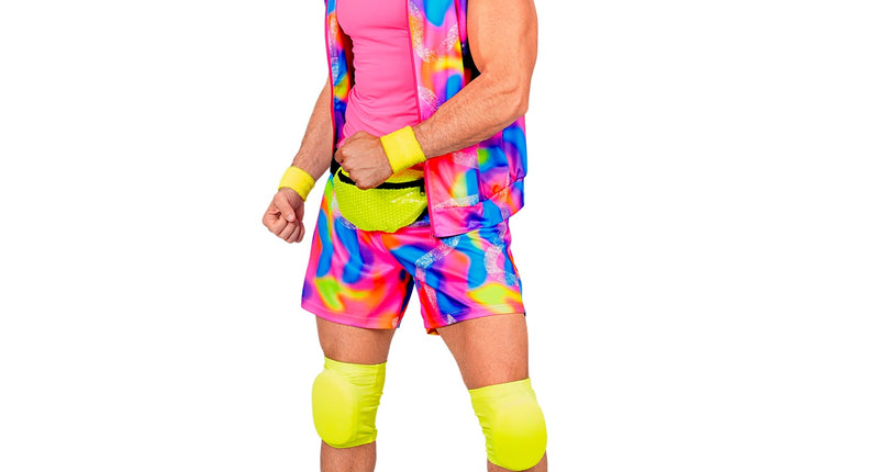 Jaren 80 rollerblader kostuum heren met neon regenboogprint, zonneklep en gele kniebeschermers
