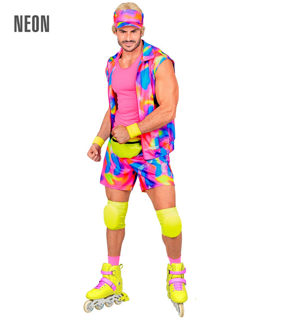 Jaren 80 rollerblader kostuum heren met neon regenboogprint, zonneklep en gele kniebeschermers
