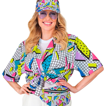 Jaren 80 zonneklep met neonprint op het hoofd, met heuptas voor een discofeest
