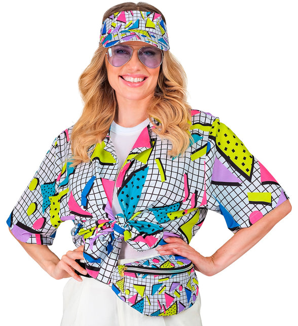 Jaren 80 zonneklep met neonprint op het hoofd, met heuptas voor een discofeest