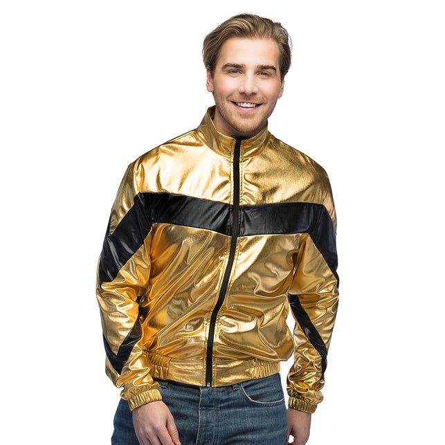 Jasje Cosmic goud vooraanzicht met staande kraag en zwarte vlakken op schouders