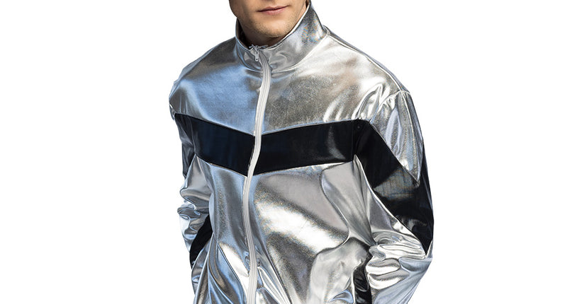 Jasje Cosmic zilver met staande kraag en zwarte punt over de borst, voor een jaren 80-feest