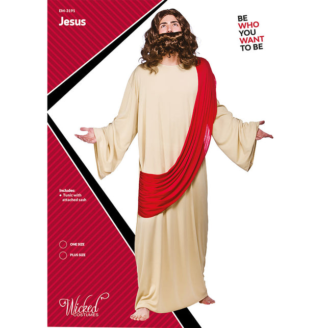 Jezus pak van Wicked Costumes, crème gewaad met wijde mouwen en rode diagonale sjerp