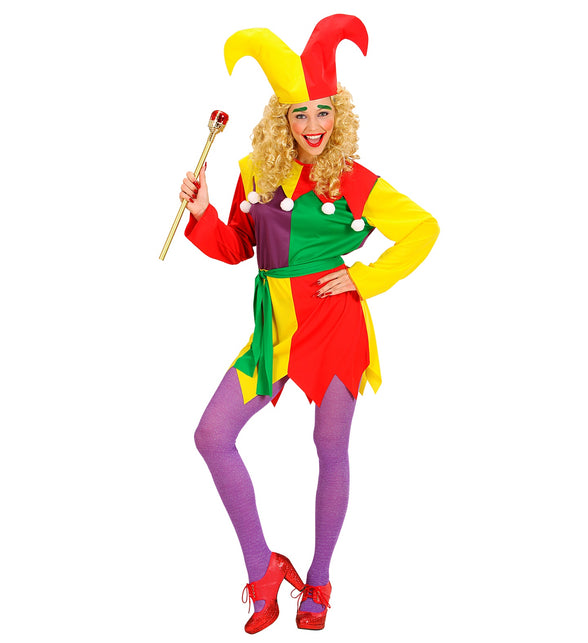 Joker kostuum dames Nar in rood, geel, groen en paars met puntige zoom en narrenkap voor carnaval