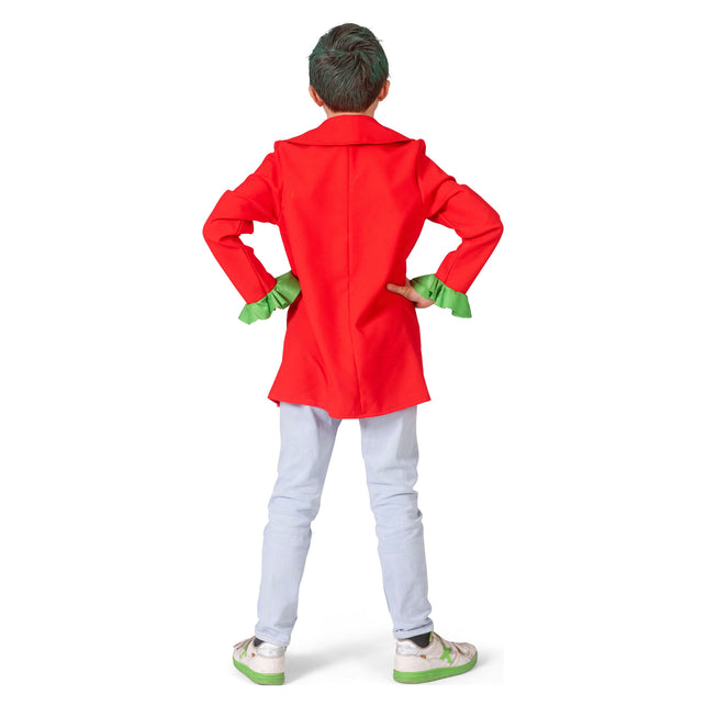 Joker pak James kinderen achterzijde met effen rode jas en groene mouwruches