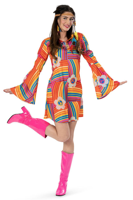 Jurk Sjanel met regenboogstrepen en witte peace-bloemen, korte hippiejurk voor dames