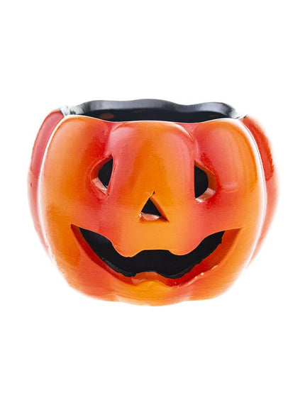 Kaarsenhouder pompoen 9 x 7 cm in oranje met uitgesneden lachend gezicht als Halloween tafeldecoratie