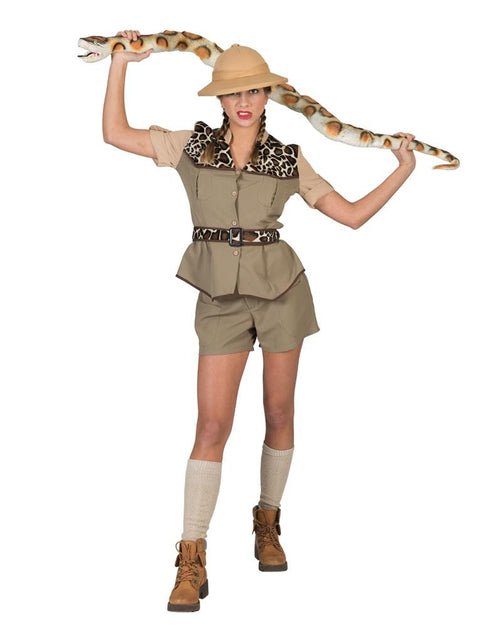 Kaki safaripak voor dames met knoopsluiting, borstzakken en riem met dierenprint