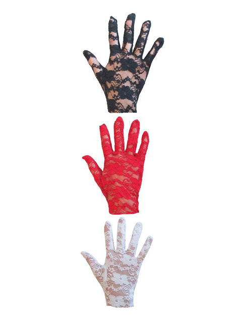 Kanten handschoenen met bloemenkant, hier het witte model naast een zwart en een rood paar