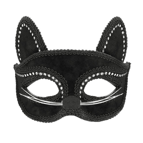 Kattenmasker zwart met strassrandje, kattenoren en witte snorharen, halfmasker voor een gemaskerd bal