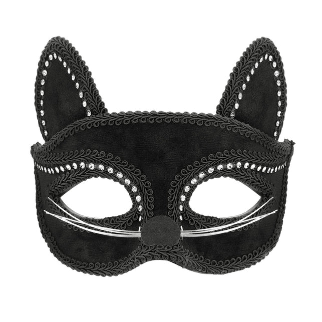 Kattenmasker zwart met strassrandje, kattenoren en witte snorharen, halfmasker voor een gemaskerd bal