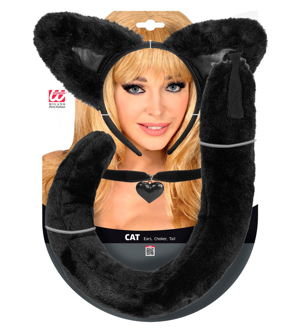 Kattenoortjes set dames op verpakking met zwarte oren, choker met hartvormige hanger en staart