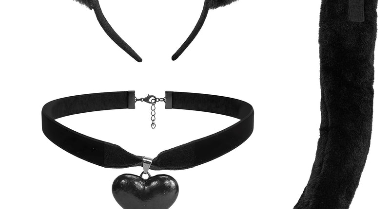 Kattenoortjes set dames zwart: diadeem met bonten oren, choker met hartje en lange pluizige staart