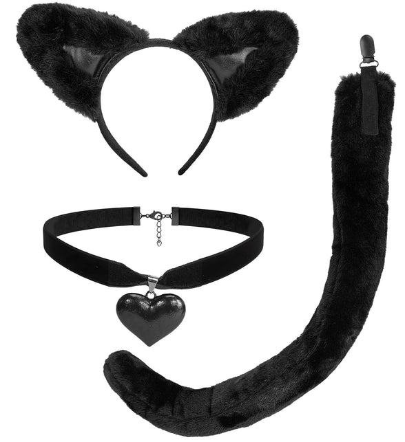 Kattenoortjes set dames zwart: diadeem met bonten oren, choker met hartje en lange pluizige staart