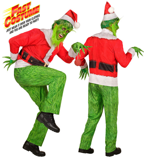 Kerst monster kostuum Grinch met rode kerstjas en groene harige broek, voor- en achterkant