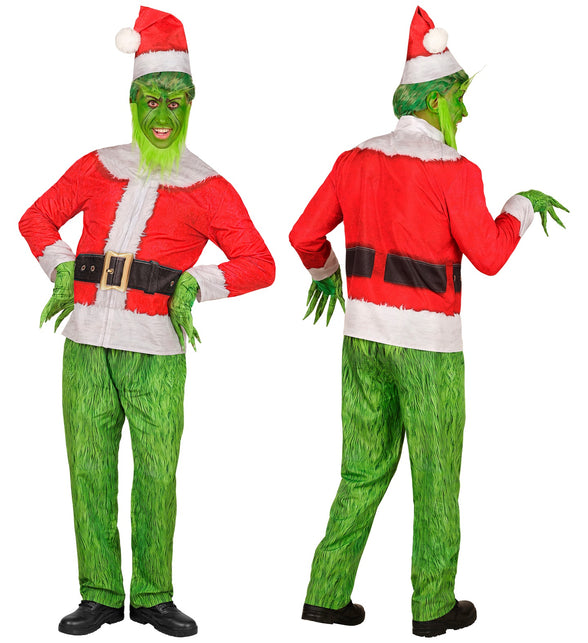 Kerst monster kostuum met opgedrukte zwarte riem en gouden gesp op de rode jas