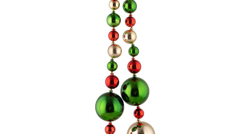 Kerstballen halsketting met glanzende ballen in rood, groen en goud, oplopend in formaat