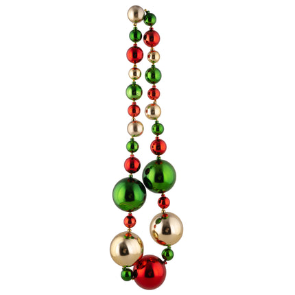 Kerstballen halsketting met glanzende ballen in rood, groen en goud, oplopend in formaat