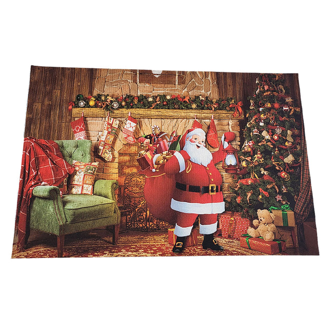 Kerstdeurmat 60 x 40 cm met open haard, versierde kerstboom en pakjes met teddybeer