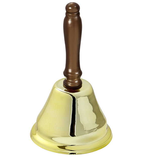 Kerstman bel santa 15 cm, goudkleurige metalen bel met gedraaide bruine houten greep