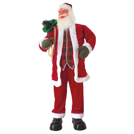 Kerstman decoratiepop 180 cm in rood met witte randen, ruitvest en groene zak over de schouder voor Kerst